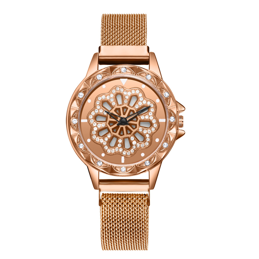 Luxury Shiny Diamond Rotating dial Women watch Mesh Strap Magnetic Watch