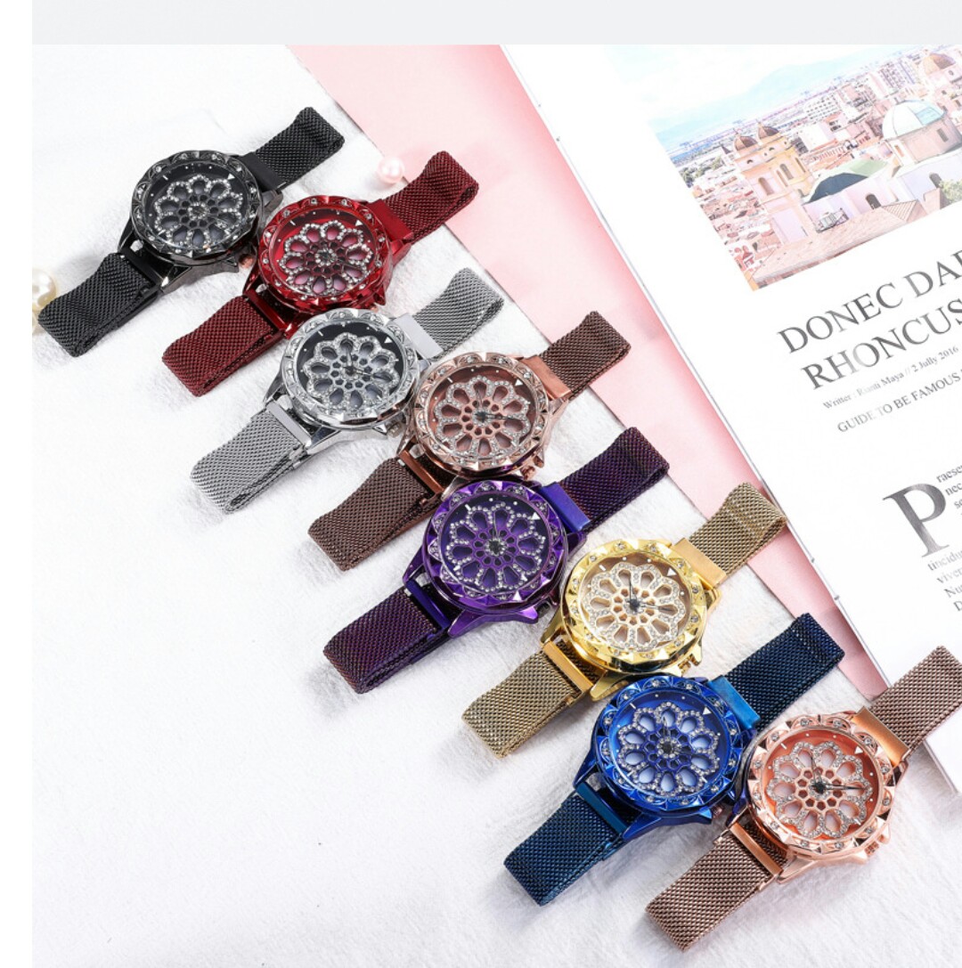 Luxury Shiny Diamond Rotating dial Women watch Mesh Strap Magnetic Watch
