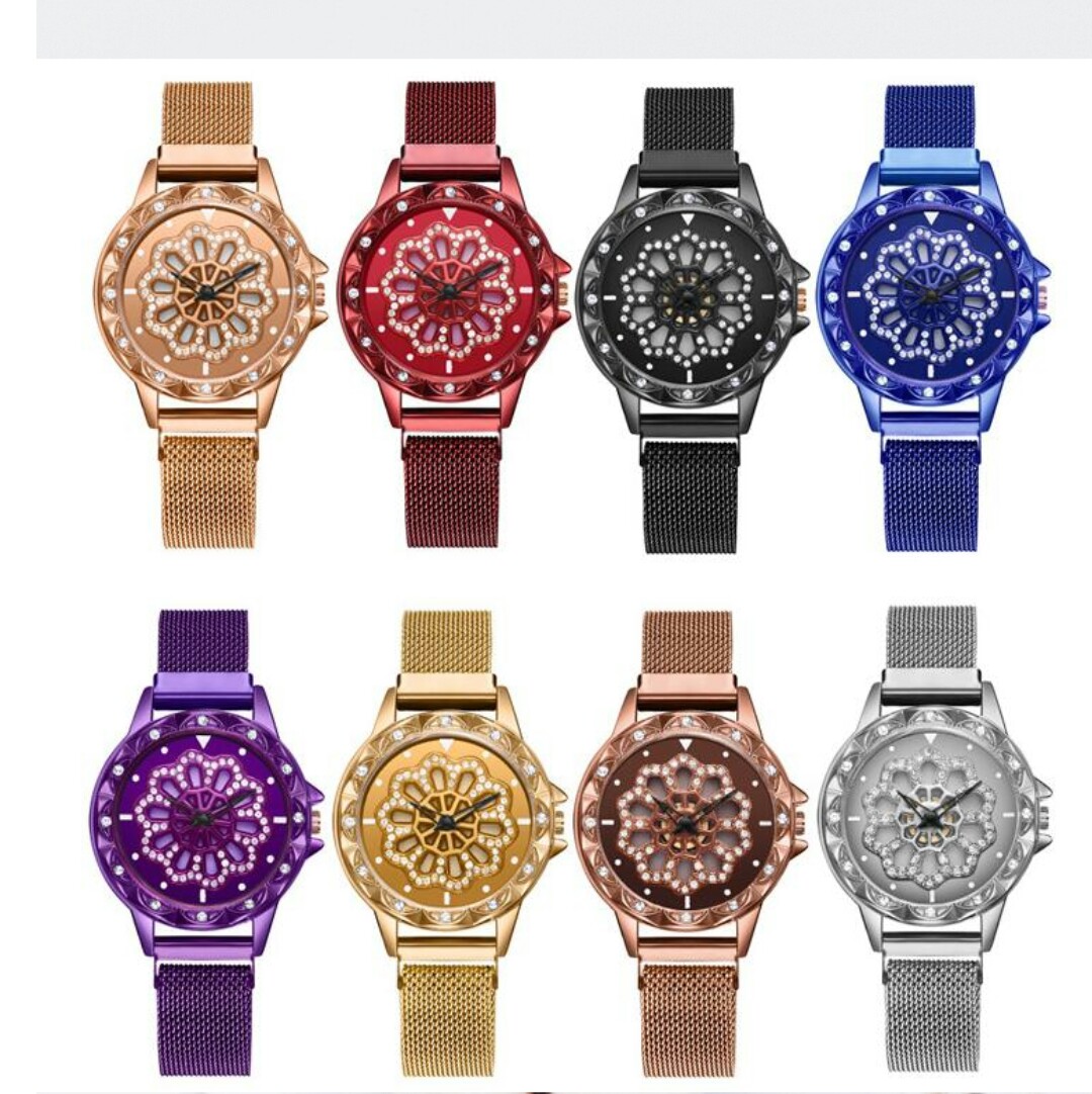 Luxury Shiny Diamond Rotating dial Women watch Mesh Strap Magnetic Watch
