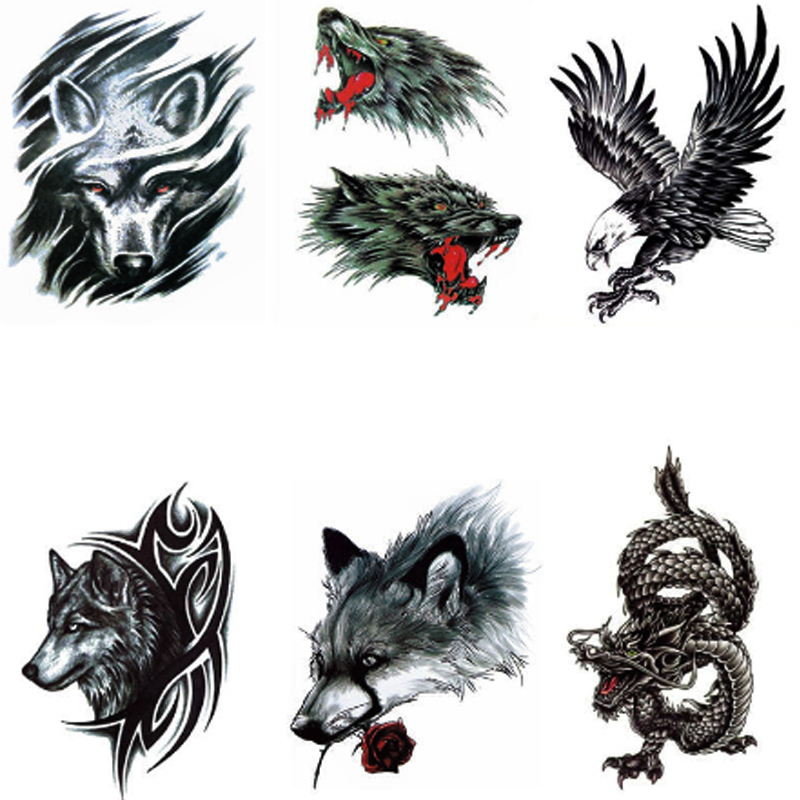 BL 6Pcs/Set Wolf Head Tattoos Durable Waterproof Domineering Totem Man And Women Flower Arm Tatoos
