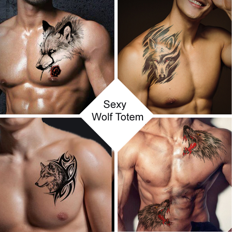 BL 6Pcs/Set Wolf Head Tattoos Durable Waterproof Domineering Totem Man And Women Flower Arm Tatoos
