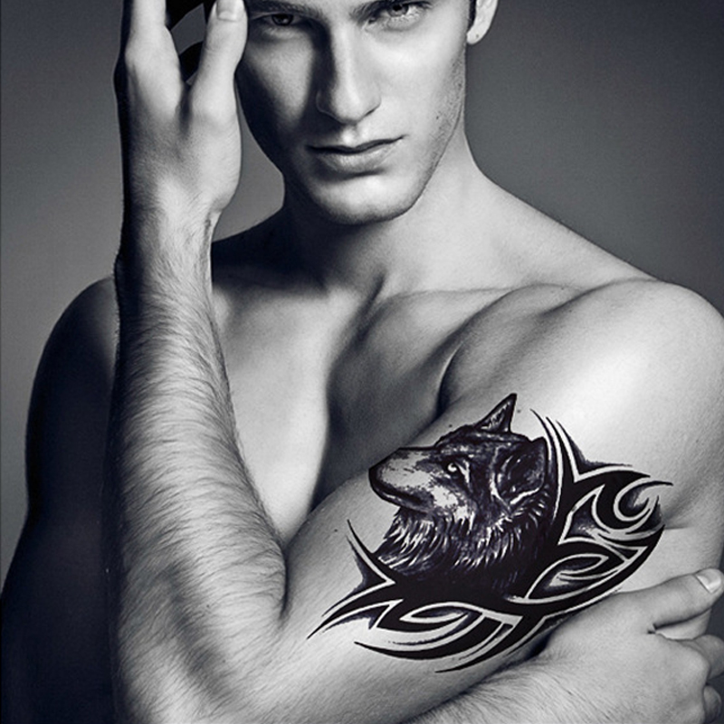 BL 6Pcs/Set Wolf Head Tattoos Durable Waterproof Domineering Totem Man And Women Flower Arm Tatoos