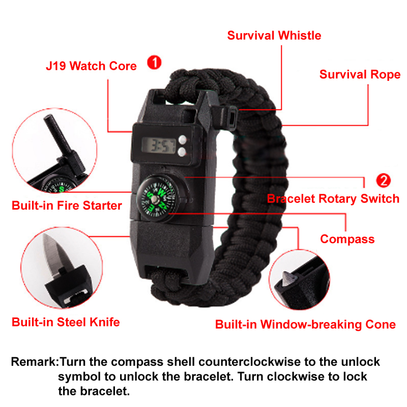 BL Multi-function Survival Bracelet With Knife Compass Fire Starter Parachute Rope Whistle Watch