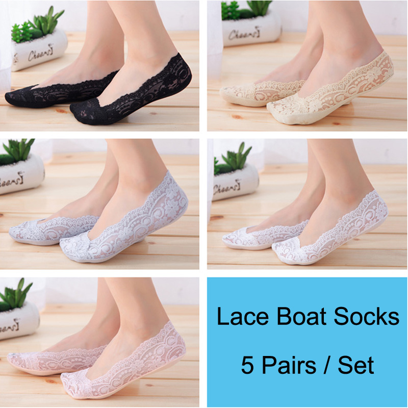 BL 5 Pairs/Set Lace Socks Boat Socks For Women Summer Thin Ice Silk Socks Silicone Non-slip Socks