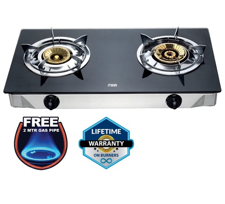 MIKA Gas Stove Table Top Glass Top Double Burner,With FREE 2 Metre Gas Pipe (MGS7100/MGS7102) gas cooker stove