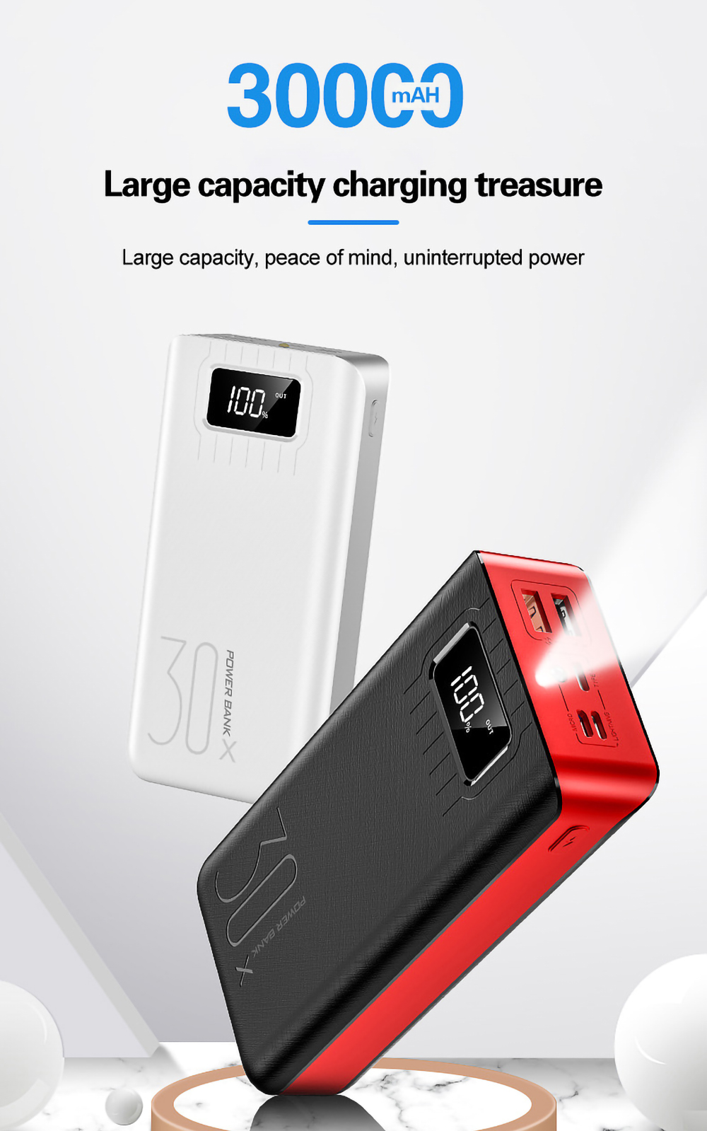 RichRipple Power Banks 30000mAh powerbank TypeC Micro USB QC Fast Charging Powerbank LED Display For all Phones Tablets