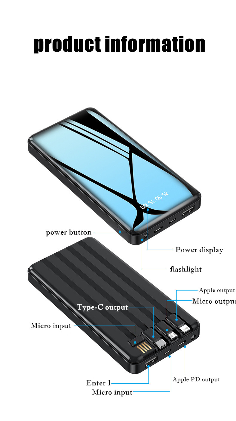 RichRipple 4-Wire Large Capacity iPhone Power Bank 10000mAh Fast Charging Portable for all Phones Charge