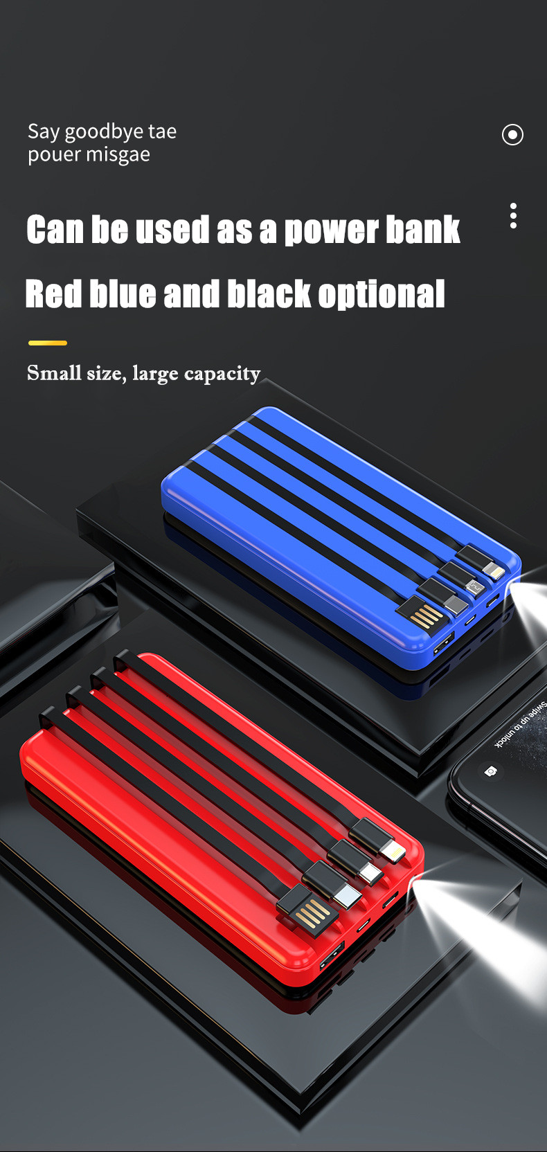 RichRipple 4-Wire Large Capacity iPhone Power Bank 10000mAh Fast Charging Portable for all Phones Charge