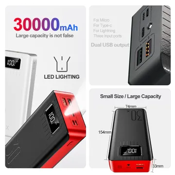 Power Bank 30000MAh Fast Charge LED Display Micro USB, Apple Interface  TYPE-C Dual USB Fast Charger