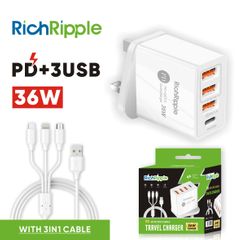 RichRipple 3 USB Port+1 Type-C Port 3.0 Faster Charger With Free Gift 3in1 Micro Type-c Apple plugs 2.0 Charging Cable White one size
