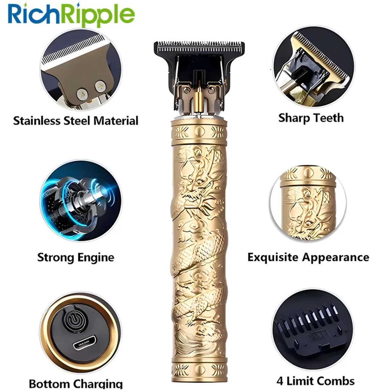 RichRipple F9 Cordless Electric Hair Clipper All-in-One Grooming Kit Rechargeable  Hair Trimmer High-quality Steel Blade Salon Men Hair Cutting Barber Machine  Gold Gold