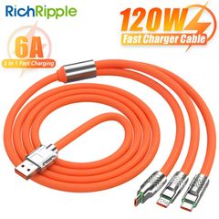 RichRipple 3 in 1 120W 6A Super Fast Charging Cable, Suitable For IPhone Xiaomi Tecno Huawei Samsung Charger Liquid Silicon Type-C Micro Lighting Charging Cable orange