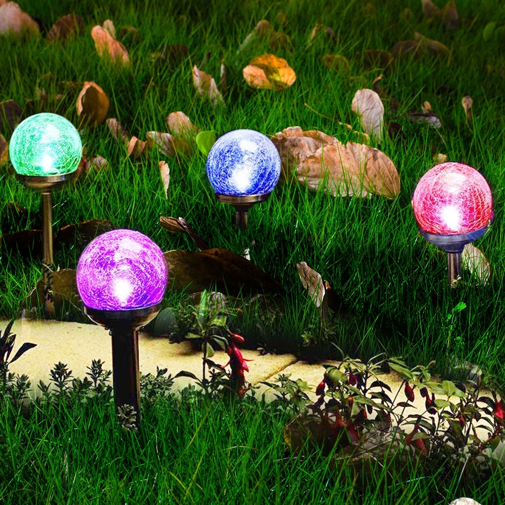 2pcs Solar Crackle Glass Globe Light LED Color Changing Lawn Lamp Outdoor Decorative Lighting