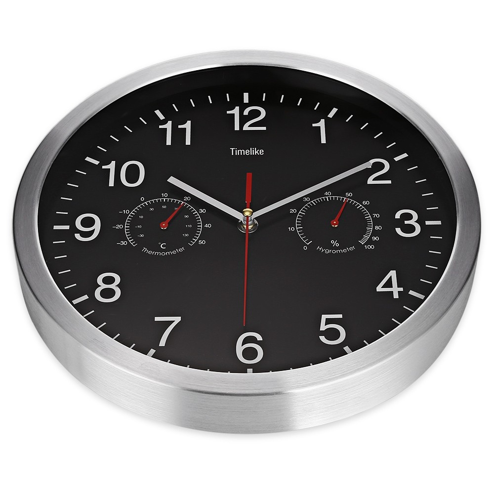 32cm Silent Wall Metal Clock Thermometer Hygrometer Quiet Sweep Movement No-ticking Home Art Decor