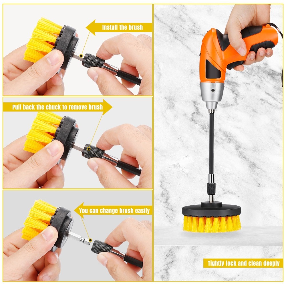 FIMEI 4PCS Drill Brushes Tough Nylon Bristles Multipurpose Cleaning Tools for Sinks / Toilets / Tiles / Car Tires