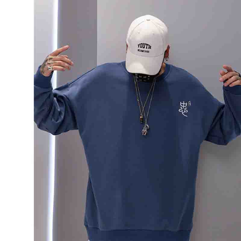 A loose, round neck hoodie for men with long sleeves and shoulders printed