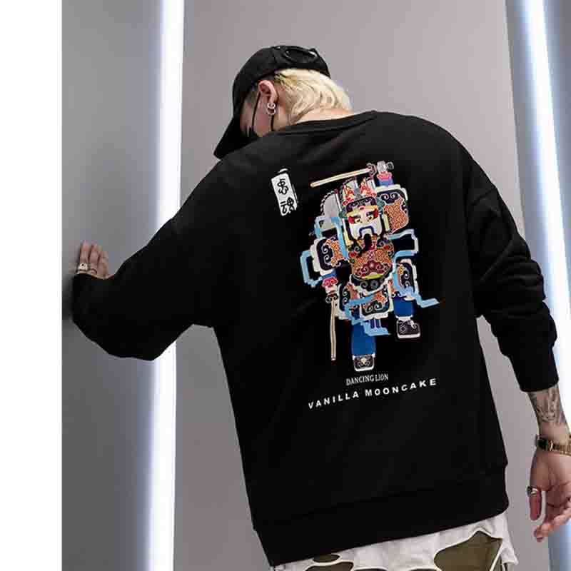 A loose, round neck hoodie for men with long sleeves and shoulders printed