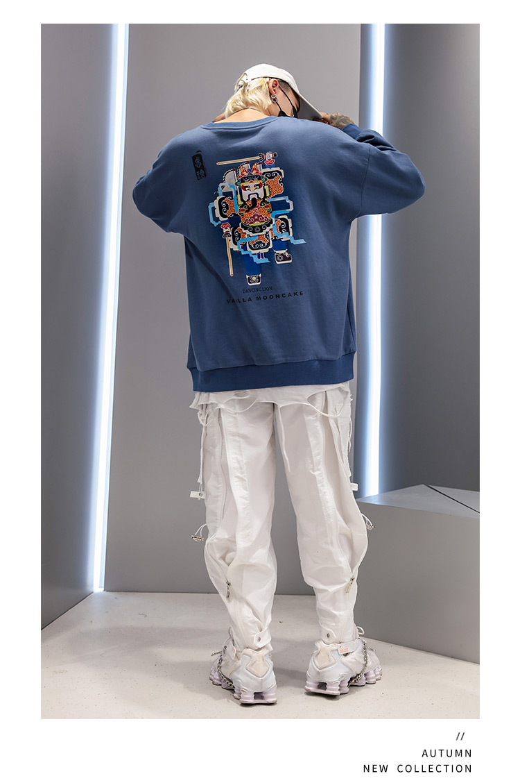 A loose, round neck hoodie for men with long sleeves and shoulders printed