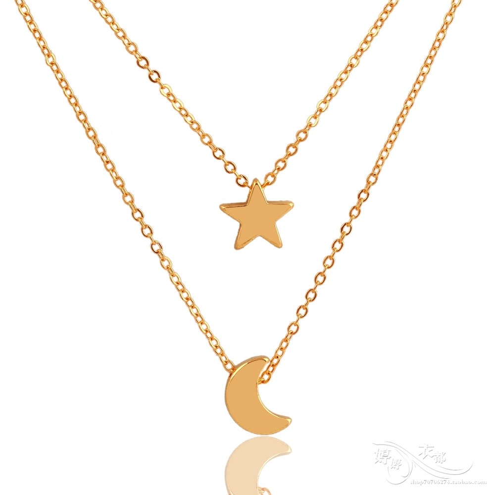 Multi Strand Moon and Star Necklace  Gold Collar Chain Layers Necklaces Jewelry