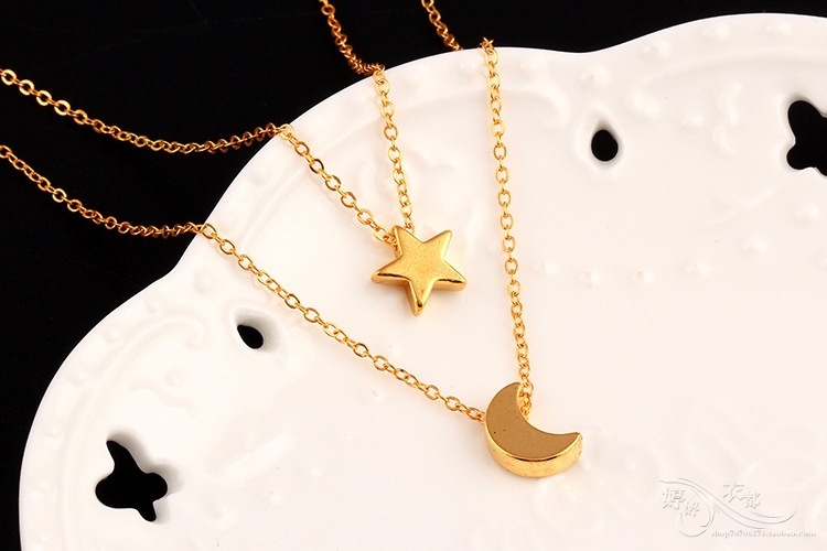 Multi Strand Moon and Star Necklace  Gold Collar Chain Layers Necklaces Jewelry