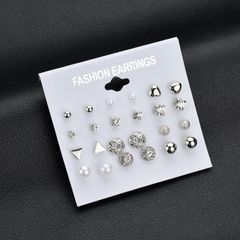 12 Pairs/Set Fashion Jewelry White Pearl Crystal Silver/Gold Color Stud Earrings Set 1 order silver one  size