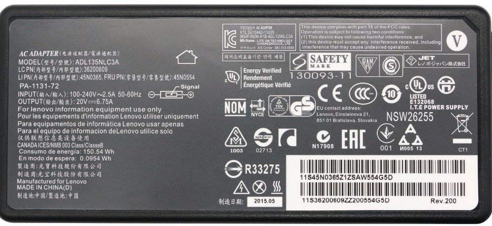 Generic 135W 20V 6.75A square tip For Lenovo IdeaPad Y50 ADL135NDC3A 36200605 45N0361 45N0501