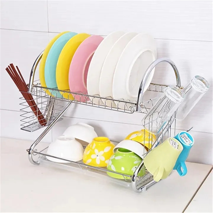 JP 2-Layer   Stainless Steel Dish Rack Drainer With Drain Board  Kitchen Tools Storage 40*39*25CM