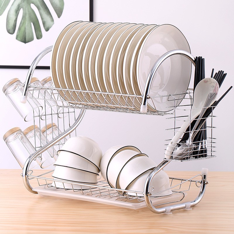 JP 2-Layer   Stainless Steel Dish Rack Drainer With Drain Board  Kitchen Tools Storage 40*39*25CM