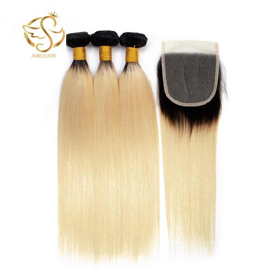 Best Hair 100% Human Hair Straight Weave Bundles Brazilian Virgin Human Hair 3 Bundles with 5*5 Lace Closure 1B#613