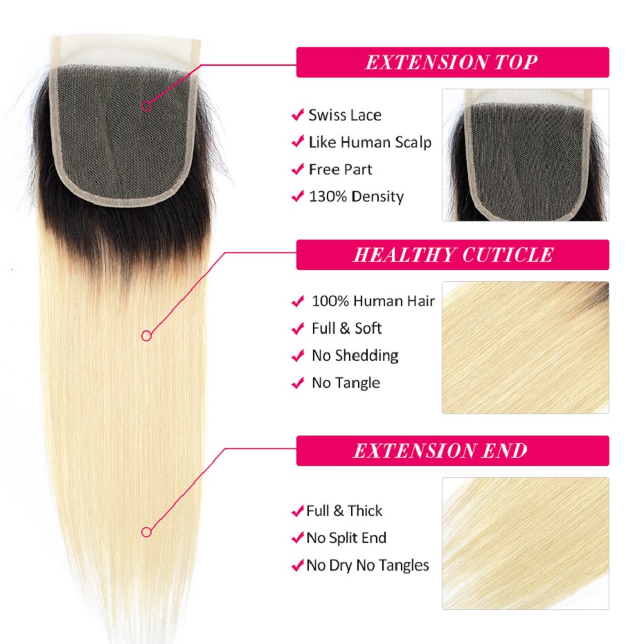 Best Hair 100% Human Hair Straight Weave Bundles Brazilian Virgin Human Hair 3 Bundles with 5*5 Lace Closure 1B#613