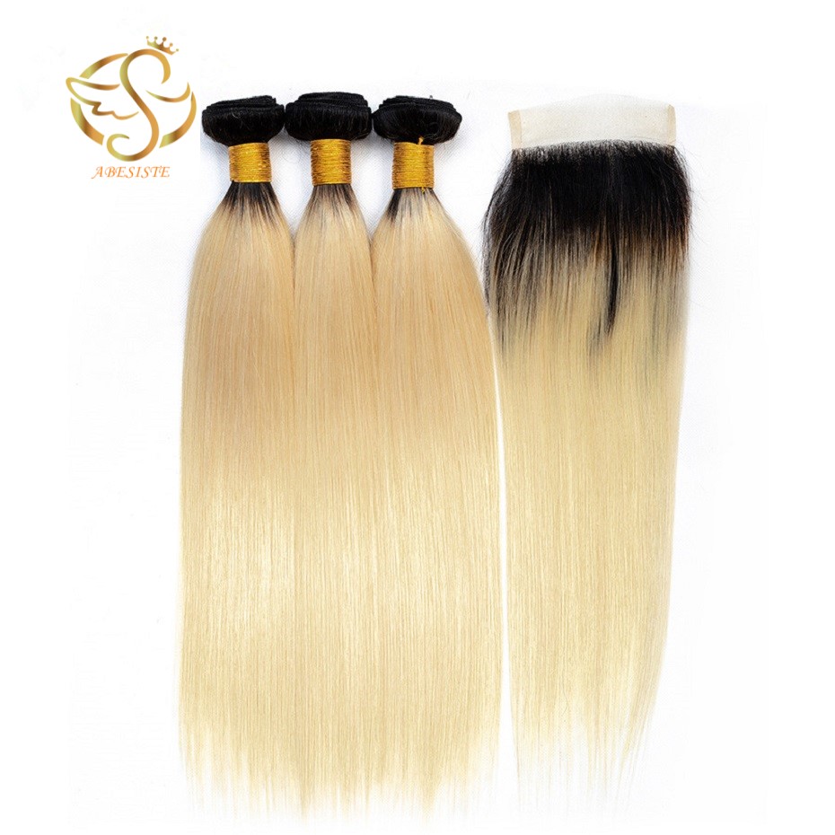 Best Hair 100% Human Hair Straight Weave Bundles Brazilian Virgin Human Hair 3 Bundles with 5*5 Lace Closure 1B#613