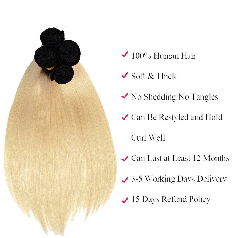 Best Hair 100% Human Hair Straight Weave Bundles Brazilian Virgin Human Hair 3 Bundles with 5*5 Lace Closure 1B#613