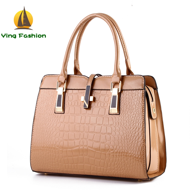 YING FASHION New Bright Patent Leather Crocodile Pattern Handbags Women HB8868