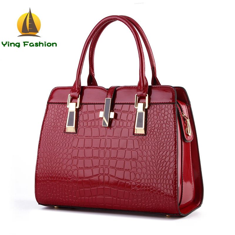 YING FASHION New Bright Patent Leather Crocodile Pattern Handbags Women HB8868
