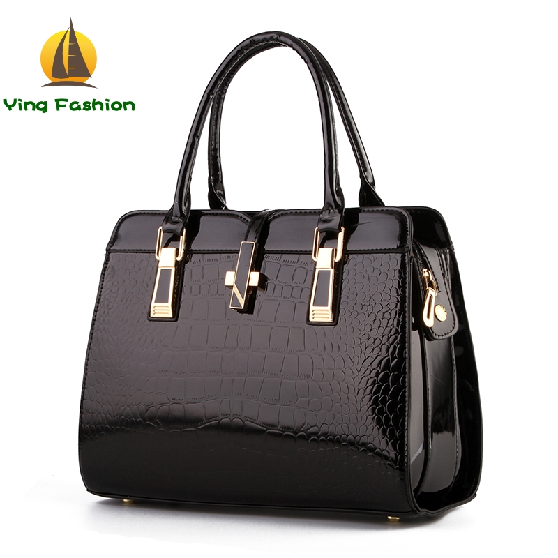 YING FASHION New Bright Patent Leather Crocodile Pattern Handbags Women HB8868