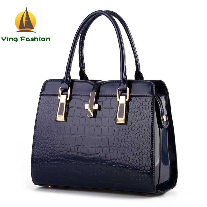 YING FASHION New Bright Patent Leather Crocodile Pattern Handbags Women HB8868
