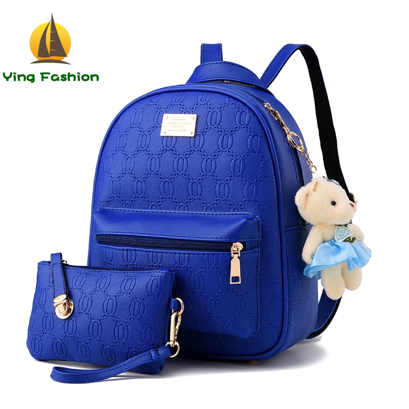 Ying 2PC Set Women Backpack PU Leather School Bags Women Casual Backpack with Small Handbag DS8961