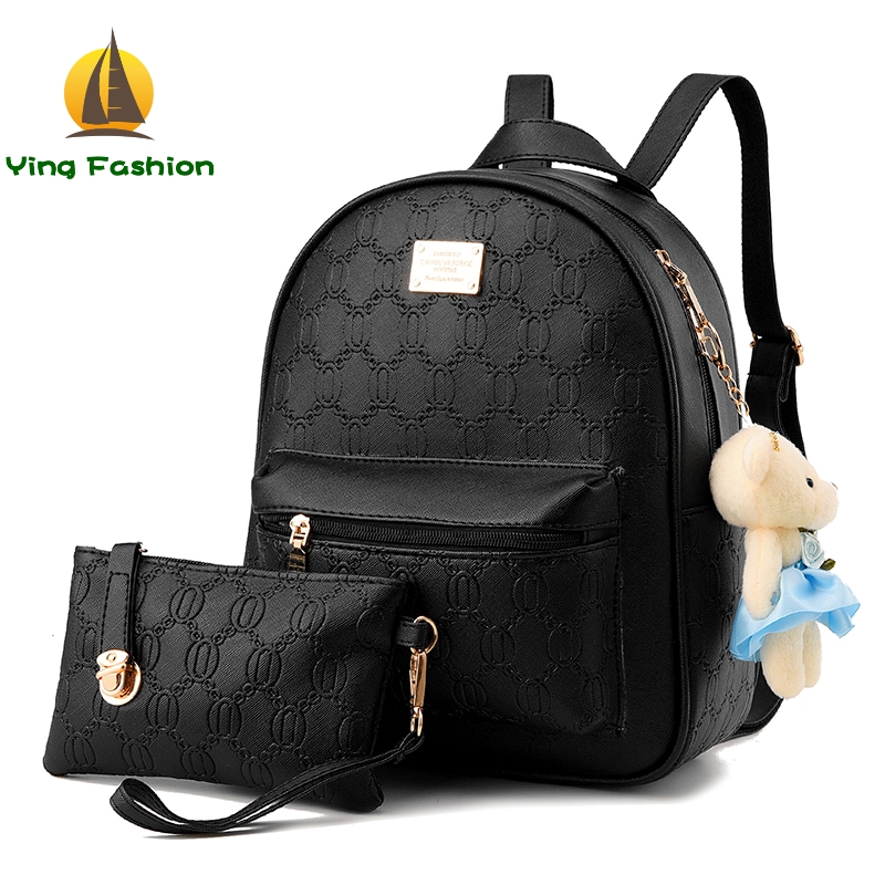 Ying 2PC Set Women Backpack PU Leather School Bags Women Casual Backpack with Small Handbag DS8961