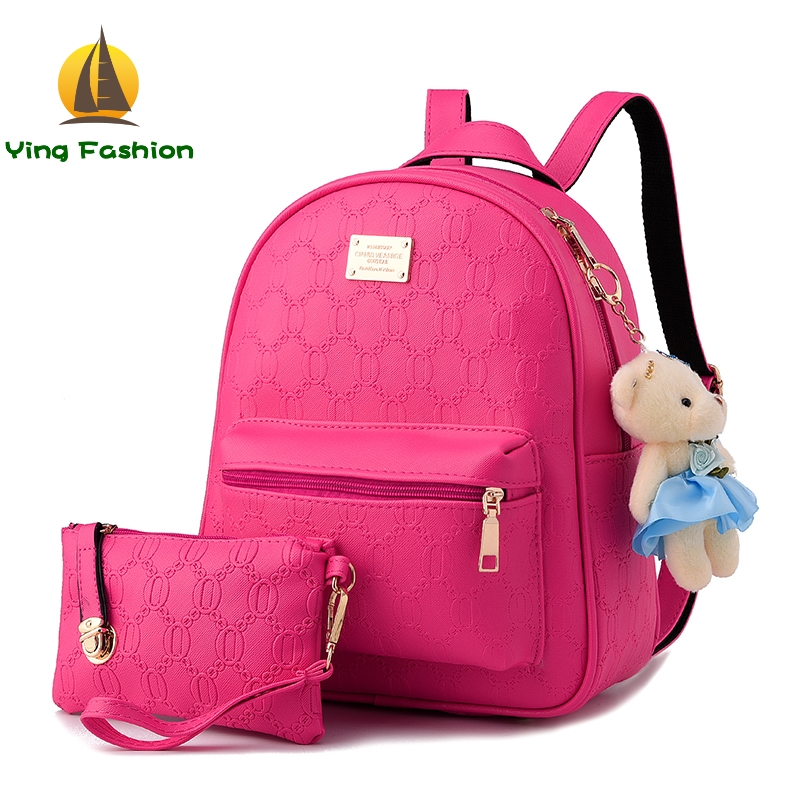 Ying 2PC Set Women Backpack PU Leather School Bags Women Casual Backpack with Small Handbag DS8961