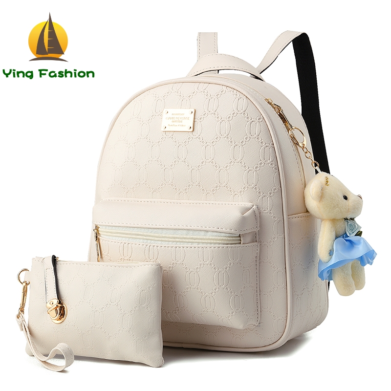 Ying 2PC Set Women Backpack PU Leather School Bags Women Casual Backpack with Small Handbag DS8961