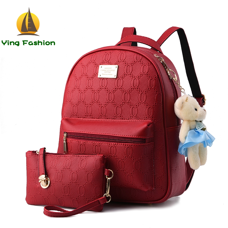 Ying 2PC Set Women Backpack PU Leather School Bags Women Casual Backpack with Small Handbag DS8961