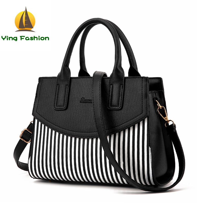 YING FASHION Women Handbags 1PC Set Stripe Tote Bag Female PU Leather Shoulder Bags HB8919