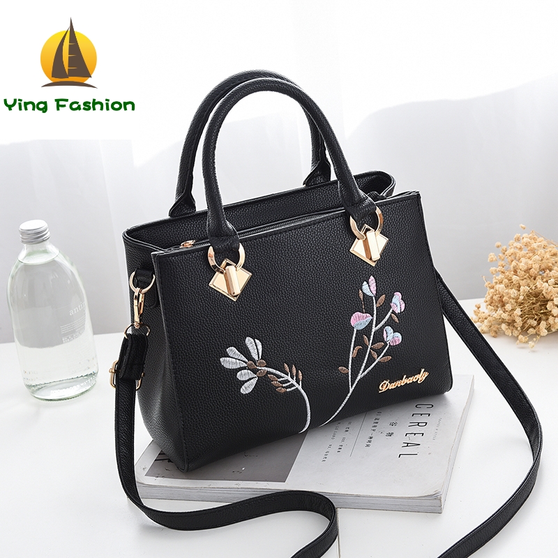 YING FASHION Tassel PU Leather Totes Bag Embroidery Shoulder Bags Lady Simple Women Handbags HB8583