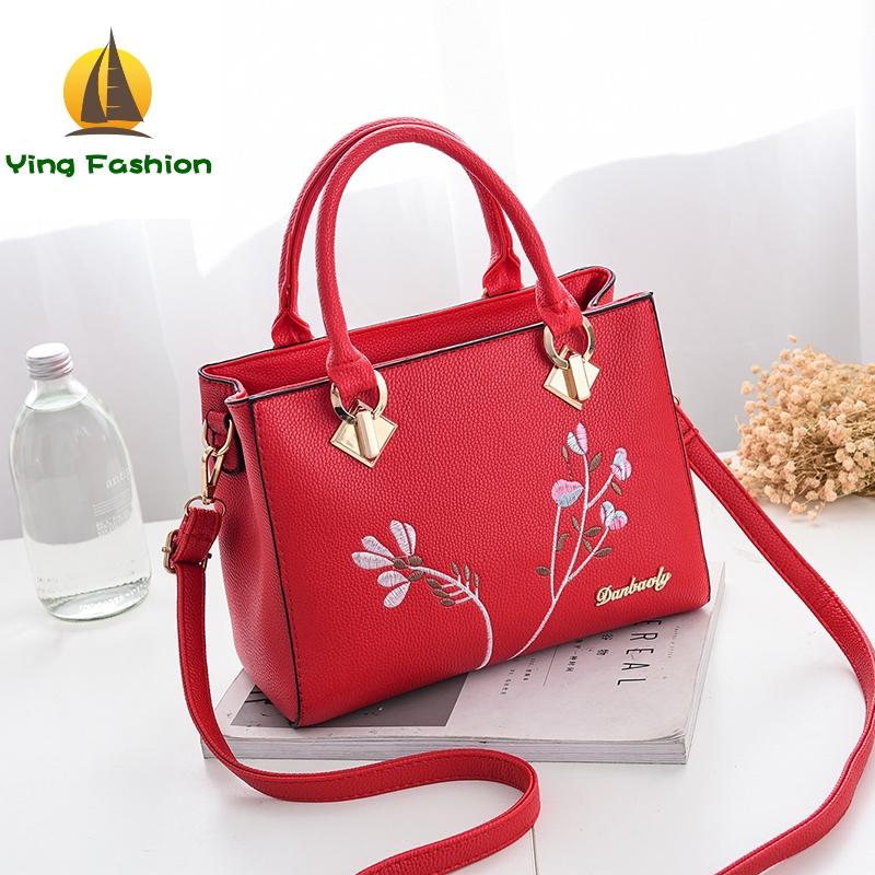 YING FASHION Tassel PU Leather Totes Bag Embroidery Shoulder Bags Lady Simple Women Handbags HB8583