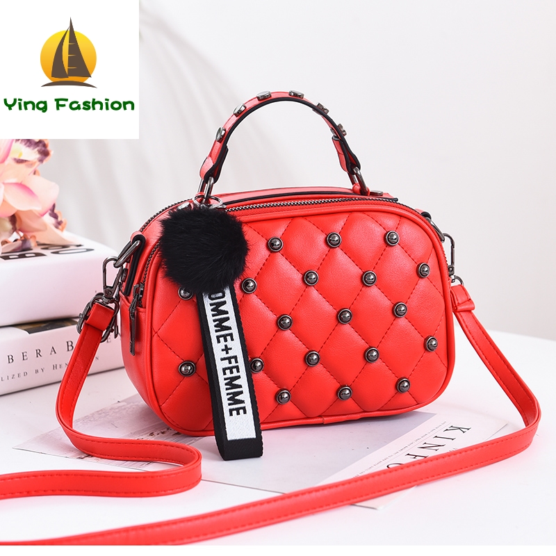 YING FASHION Trendy Rivet Bag Solid PU Leather Mini Women Handbag with Hairy Ball HB8930
