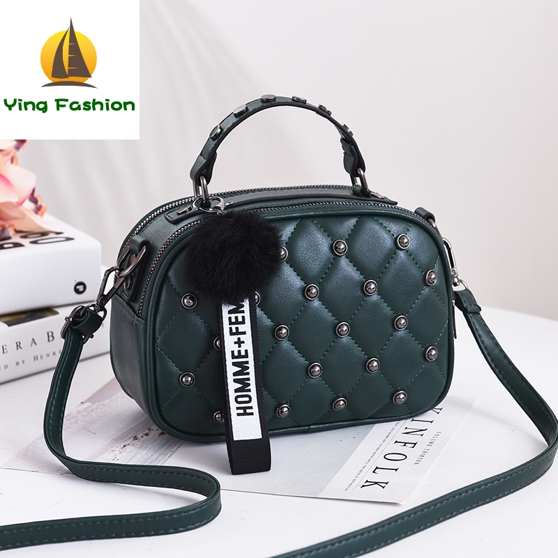 YING FASHION Trendy Rivet Bag Solid PU Leather Mini Women Handbag with Hairy Ball HB8930