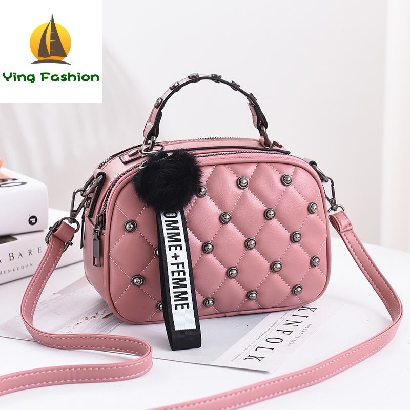 YING FASHION Trendy Rivet Bag Solid PU Leather Mini Women Handbag with Hairy Ball HB8930