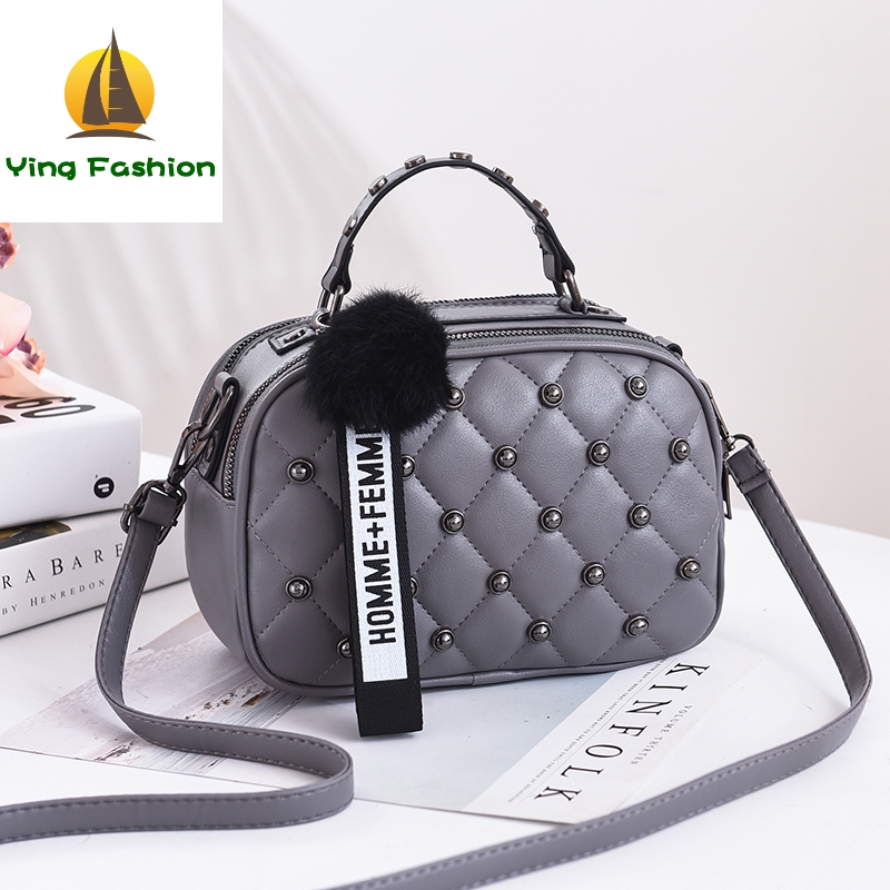 YING FASHION Trendy Rivet Bag Solid PU Leather Mini Women Handbag with Hairy Ball HB8930