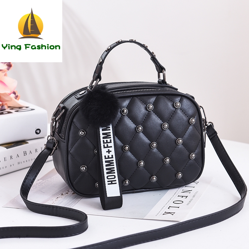 YING FASHION Trendy Rivet Bag Solid PU Leather Mini Women Handbag with Hairy Ball HB8930