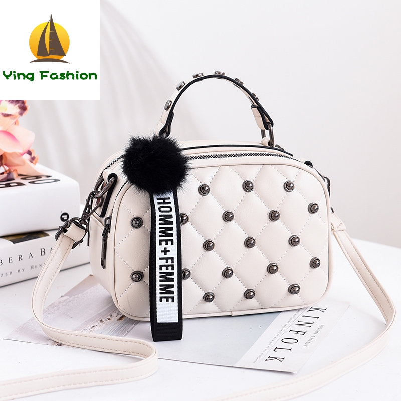 YING FASHION Trendy Rivet Bag Solid PU Leather Mini Women Handbag with Hairy Ball HB8930